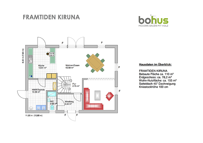 Planlösung Erdgeschoss Schwedenhaus Villa Kiruna Kniestock