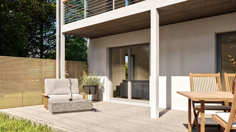 Moderne Terrasse eines Holzhauses mit Holzboden, Lounge-Bereich und Essplatz im skandinavischen Stil. Nachhaltige Architektur mit Holz und klaren Linien.