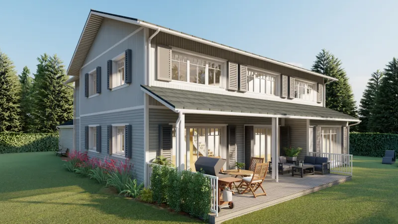 Rückseite der Villa Houston mit großer Holzterrasse, Gartenmöbeln und gepflegter Gartenanlage im modernen Landhausstil.