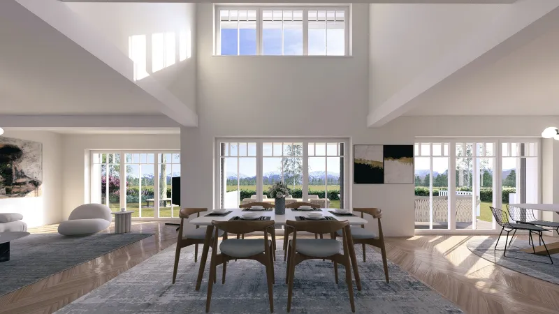 Innenansicht der Villa Houston – großzügiger Essbereich mit bodentiefen Fenstern, modernem Design und Blick auf den Garten.