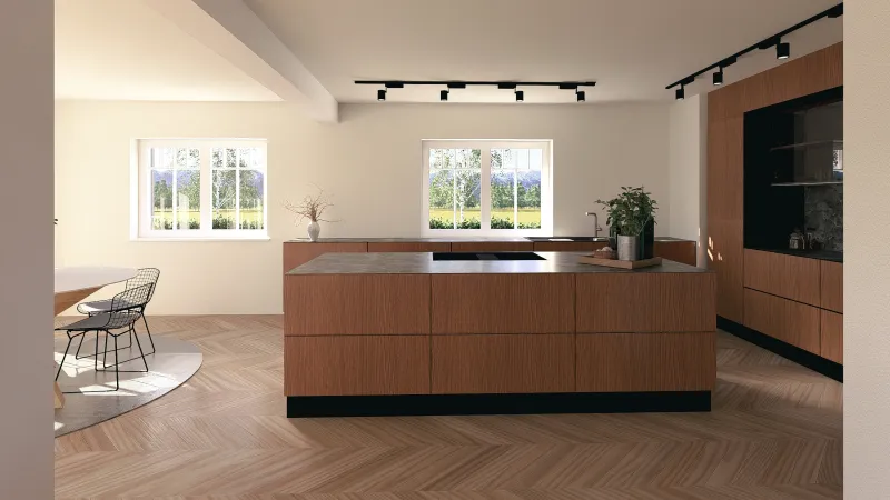 Moderne Küche der Villa Houston mit Kochinsel, Holzfronten und Blick auf die Natur – minimalistisches Design in warmen Tönen.