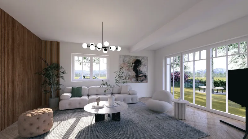 Wohnzimmer der Villa Houston mit moderner Einrichtung, Holzdetails und großen Fenstern mit Blick in den Garten.