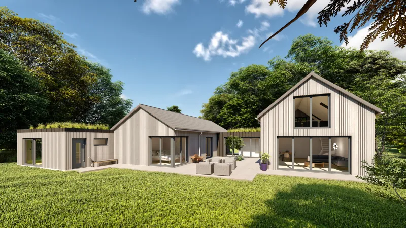 Moderne Gartenansicht der Villa R – nachhaltiges Holzrahmenhaus mit großen Glasflächen, begrüntem Dach und klarer skandinavischer Architektur.