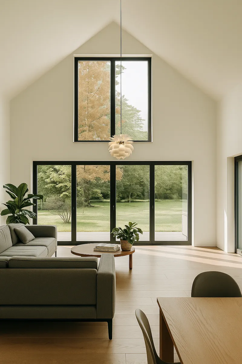 Modernes Wohnzimmer in einem Holzrahmenhaus mit hohen Decken, Panoramafenstern und Blick ins Grüne – nachhaltiges Wohnen mit natürlichem Licht.