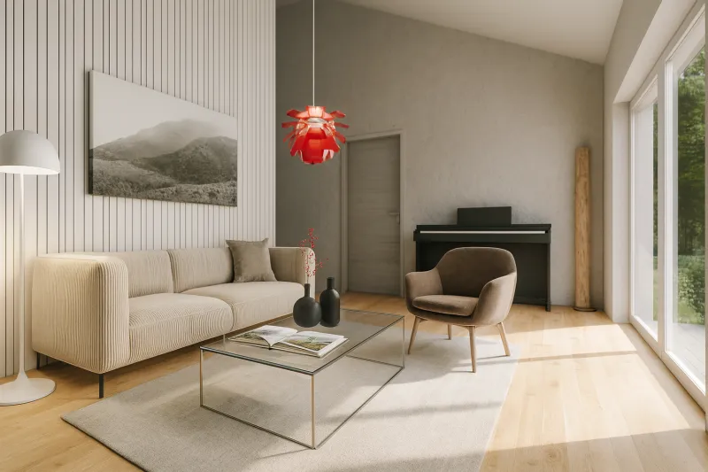 Modernes Wohnzimmer im Bungalow Grebbestad mit heller Einrichtung, Glas-Couchtisch und großem Fenster.