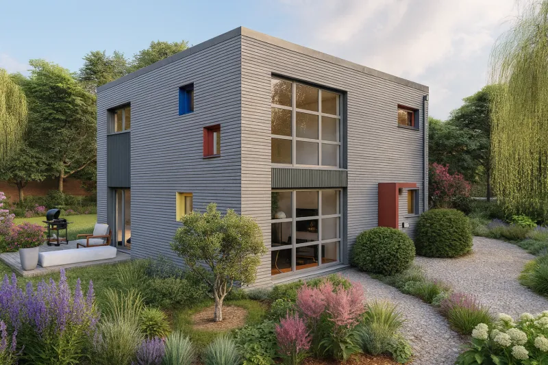 Villa B-Hip Flat – modernes kubisches Holzhaus in klarer Architektur mit grauer Holzfassade, großen Fensterflächen und farbigen Akzenten.