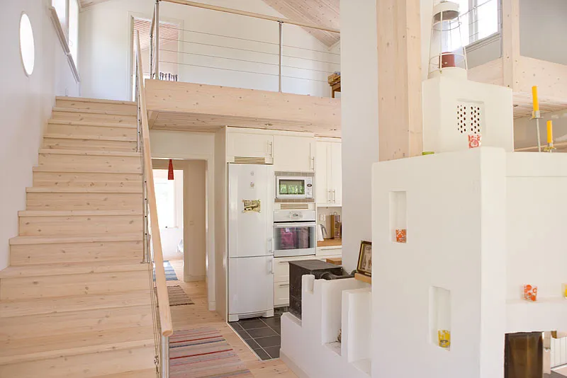 Offener Wohnraum mit Galerie, heller Holztreppe und moderner Küche im skandinavischen Stil.